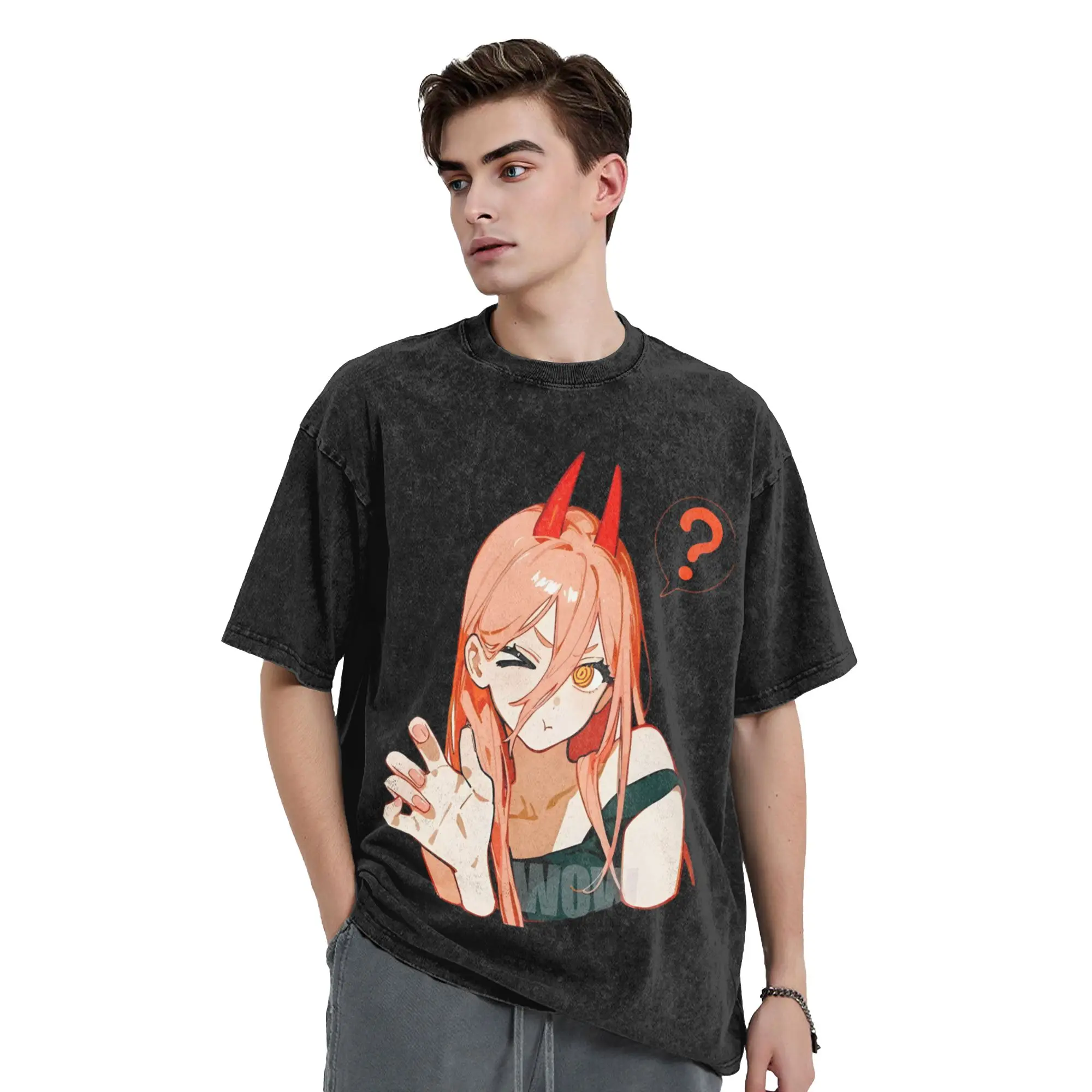 Chainsaws Man Men T Shirts Washed Mark power  Casual Tee Shirt Short Sleeve Crew Neck T-Shirts Cotton Gift Idea Clothing