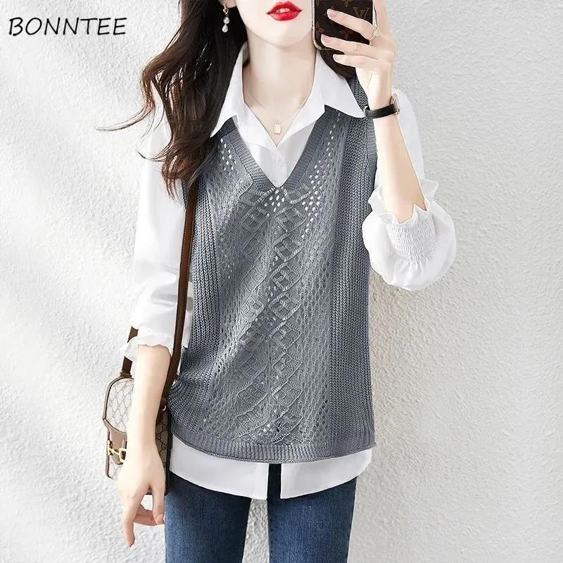 

Solid Hollow Out Fashion Simple Jacquard Sweater Vests Women Knitting 2023 New Autumn Casual All-match Streetwear Soft