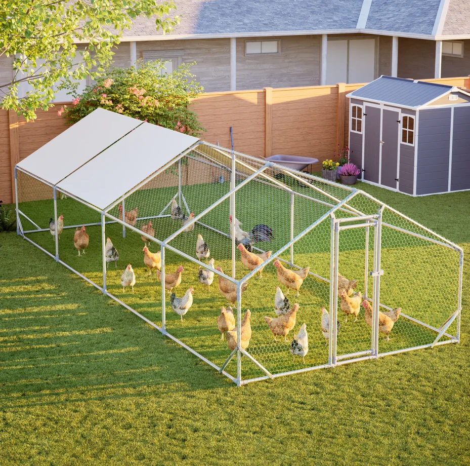 3*8m Rustproof Galvanized Steel Frame Chicken Coop Run, Snap Pin Easy Assembly Outdoor Hen Cage with Removable Weatherproof Top Cover