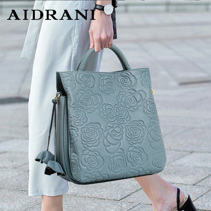 Aidrani  2024 new pattern women\'s fashion genuine leather bag，large capacity flower patterned luxury brand cowhide  handbag