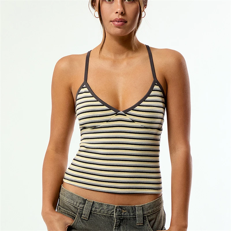 Y2k Striped Tank Top Women Backless Square Neck Crop Tops Going Out Sleeveless Spaghetti Strap Vest Vintage Camisole Streetwear