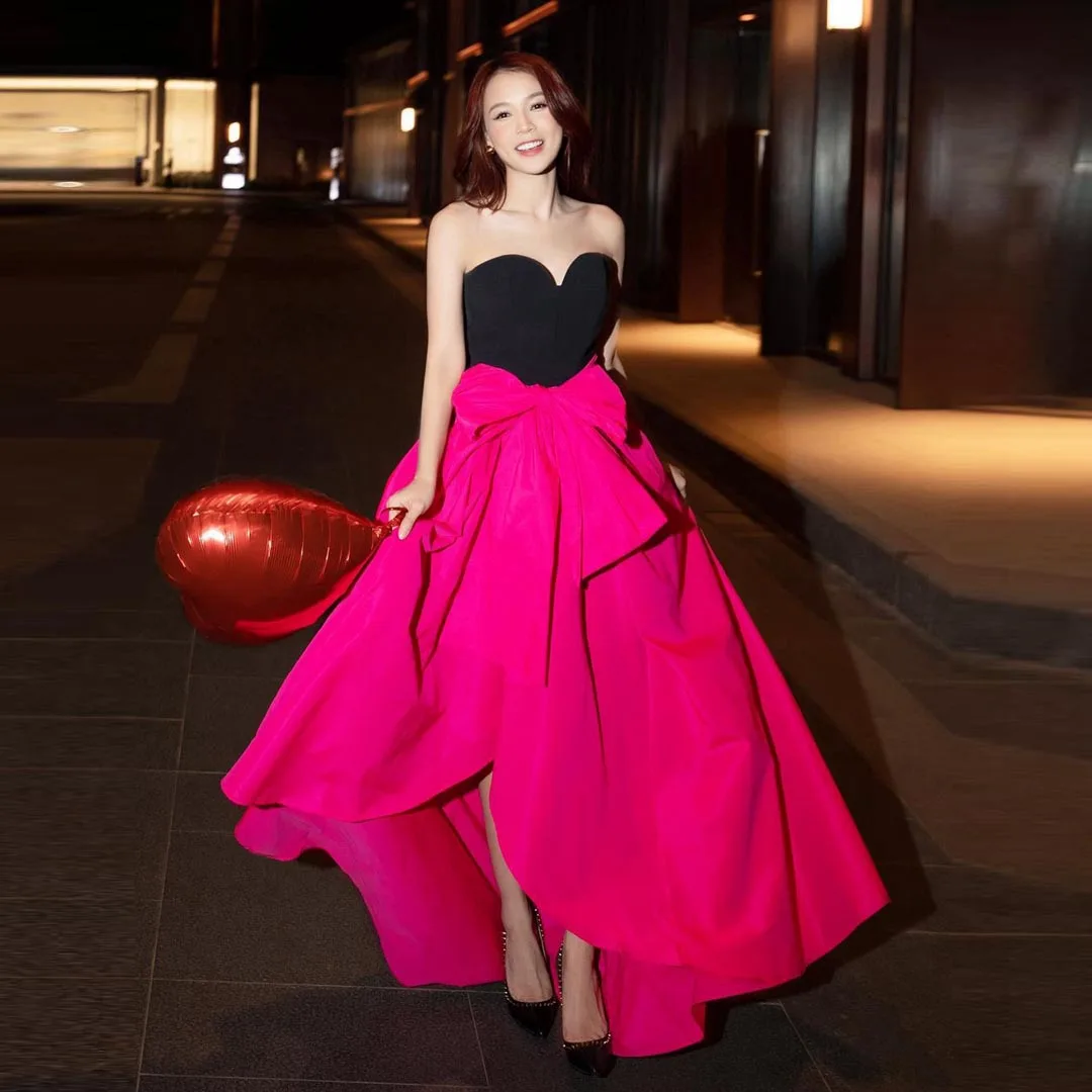 Fashion Rose Red A Line Satin Long Skirts Women Bow Maxi Girl Skirt Floor Length Prom Skirt Photo Shoot Skirts Party Skirts 2024