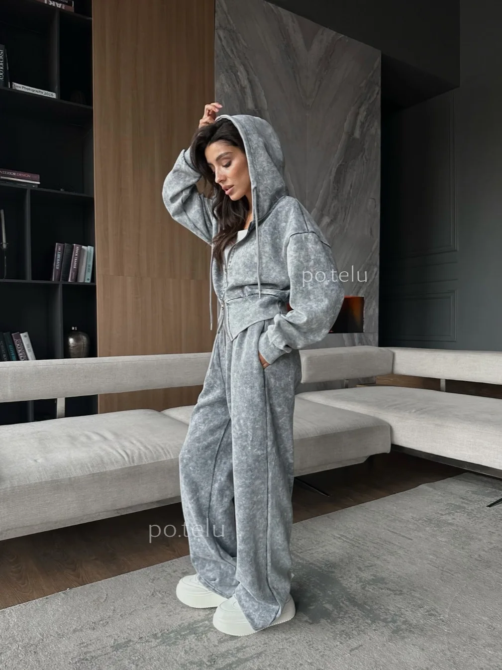 2025 Washed Outdated Hoodie Set Women's Long Sleeve Zipper Hoodie Straight Tube High Waist Casual Pants
