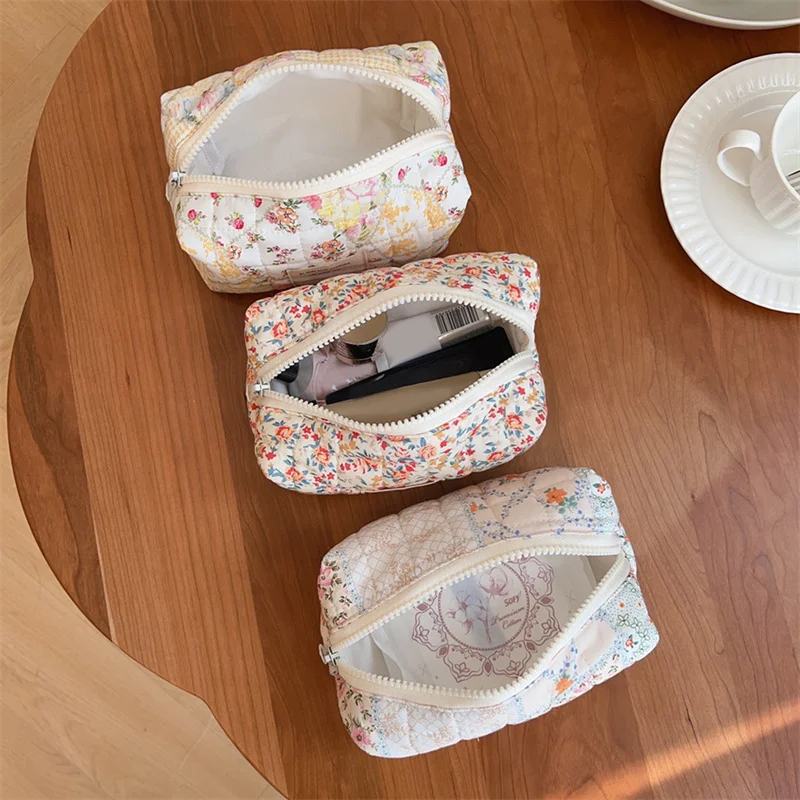 Women Fashion Floral Boat Cosmetic Bag Liner Travel Jewelry Storage Organizer Cotton Soft Thick Clutch Bag Large Capacity