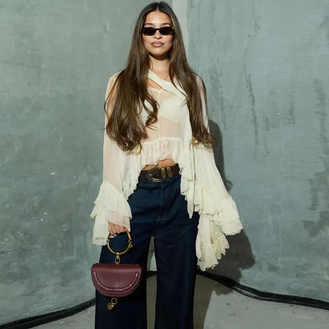 

2025 Autumn Women See Through Ruffles Asymmetrical Blouses Sexy V Neck Long Sleeve Scarf Ribbon Holiday Smock Tops Streetwear