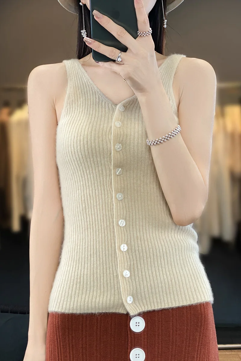 

Women's Knitted Vests V-Neck Sling Cardigan 100%Merino Wool Soft Comfortable Breathable Slim Fit Top Sexy Fashionable Style New