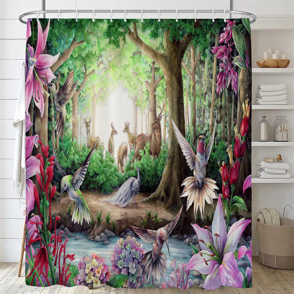 

Bathroom Shower Curtain Flower and Bird Plants Fabric Shower Curtain with Hooks Unique Floral Design Decorative Bathroom Curtain