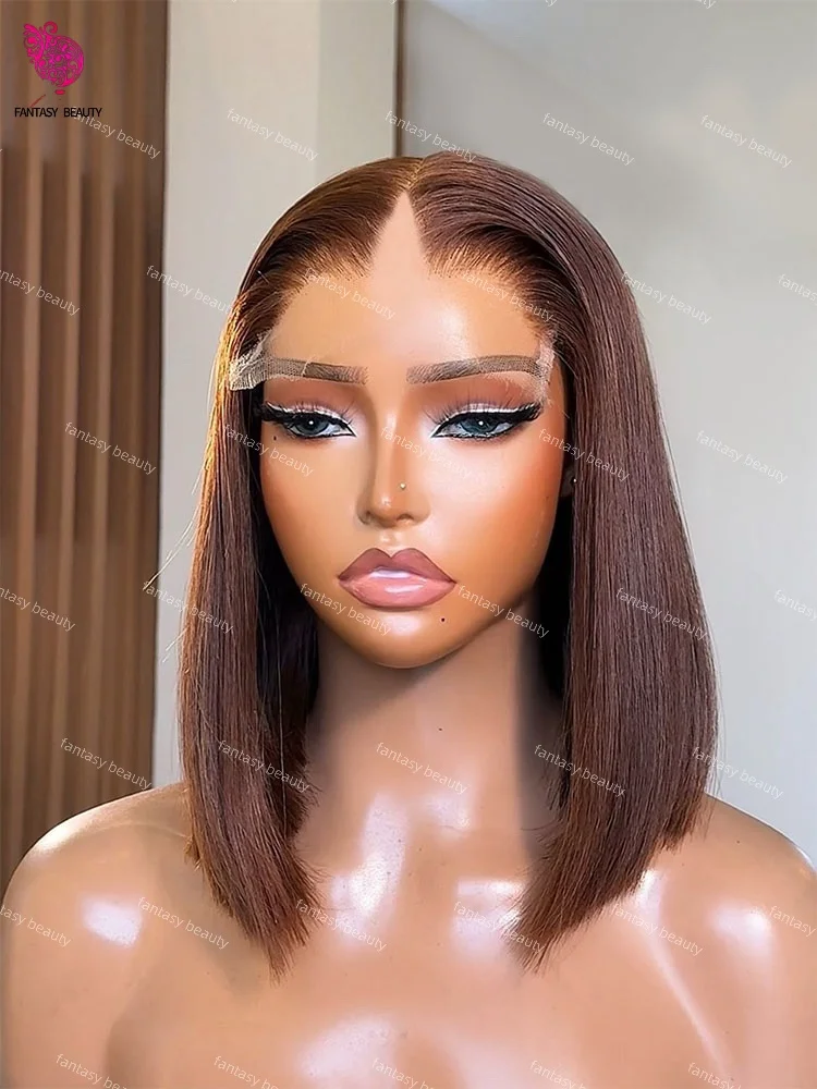 

Brown Straight Short Bob Wig V Shaped Real Human Hair Wig For Black Women 1x4 Opean Easy Wear Glueless Remy U Shaped Wigs Clips