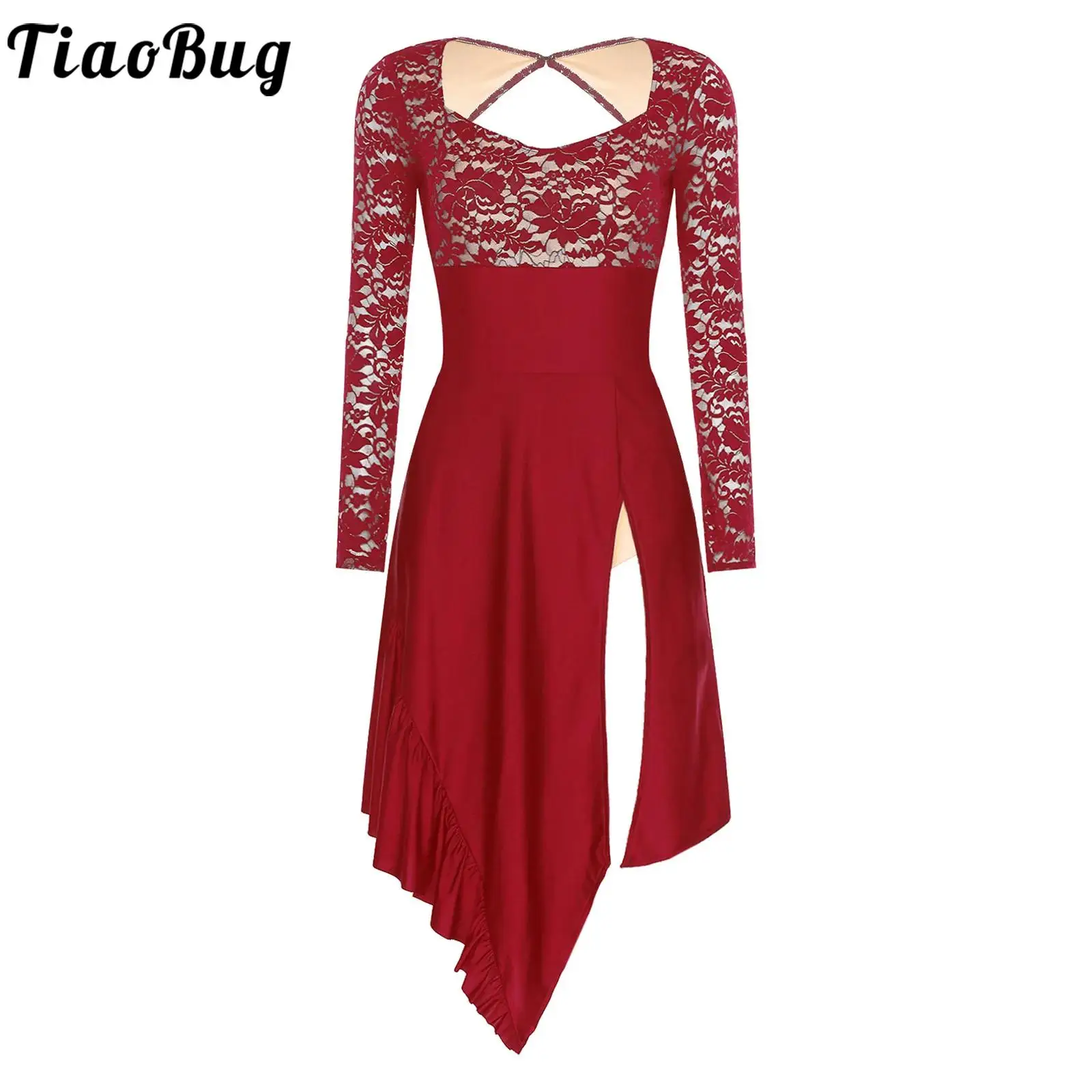 

Women Lyrical Latin Tango Chacha Ballroom Dance Dress Samba Rumba Dancing Dress Performance Costume With Floral Lace Long Sleeve