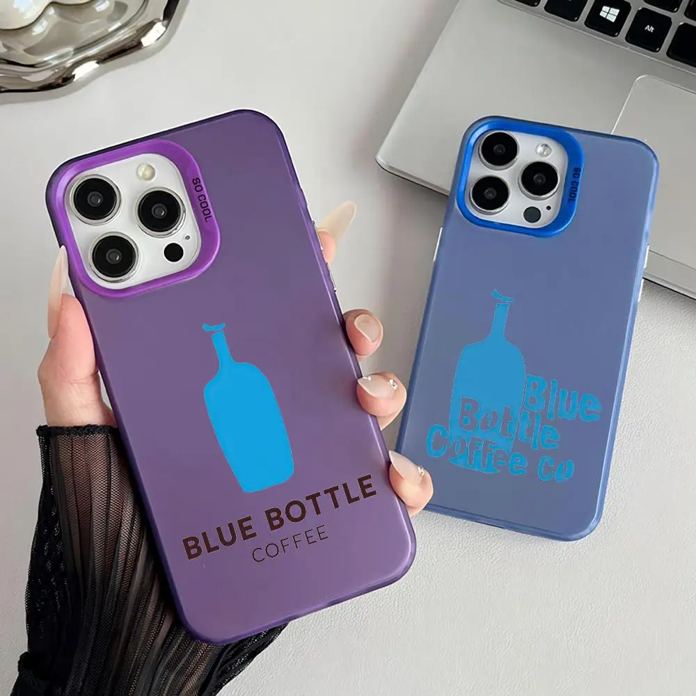 Coque de téléphone antichoc colorée mate effet laser aurore pour iPhone 17 16 15 14 13 Pro Max Air, motif bouteille de café bleue