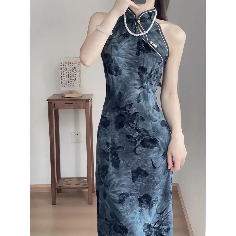 

New Women Gray Long Cheongsam Chinese Style Female Floral Off Shoulder Halter Dress Vintage Qipao Sleeveless Dresses for Summer