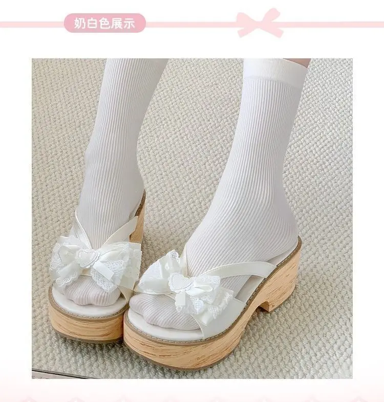 Sweet Bow Wood Grain Thick Bottom Platform Slippers Women Summer Japanese Cos Comfortable High Heeled Sandals