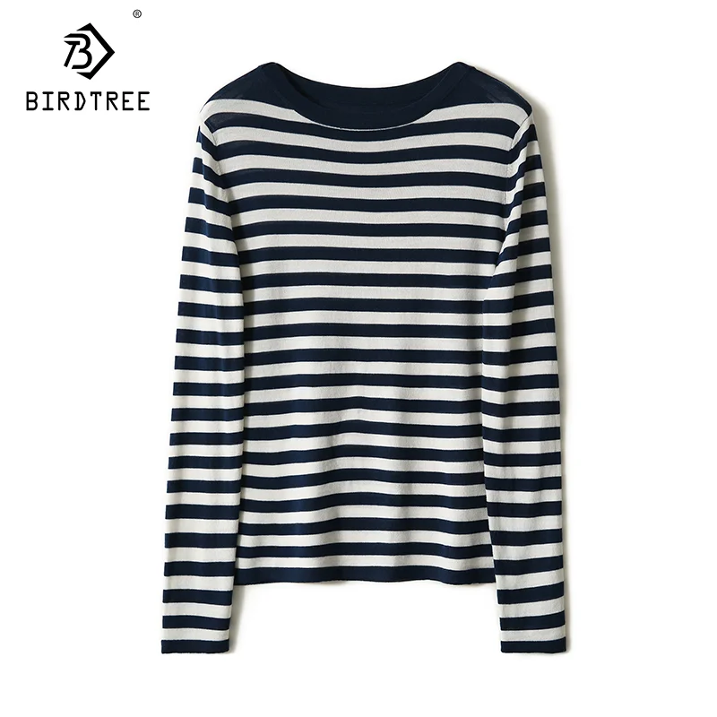 

BirdTree-Soft Casual 2024 Women T-Shirt, 10%Sheep Wool, Round Neck, Striped Basics OL Knit Tops, Autumn Winter Clothes T49012QM