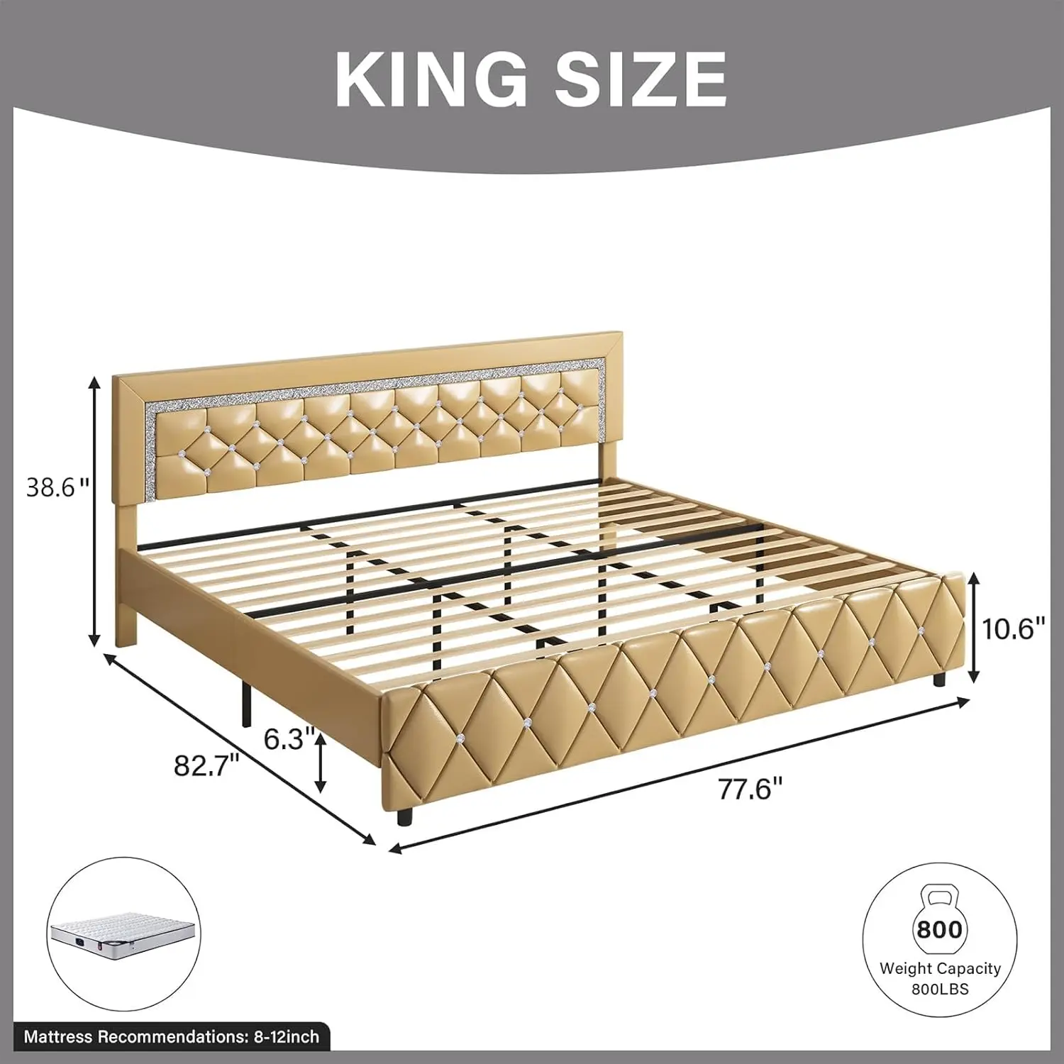 King Size Bed Frame with Adjustable Button Tufted Headboard, Modern Platform Bed with Crystal Design, Wooden Slats Support,