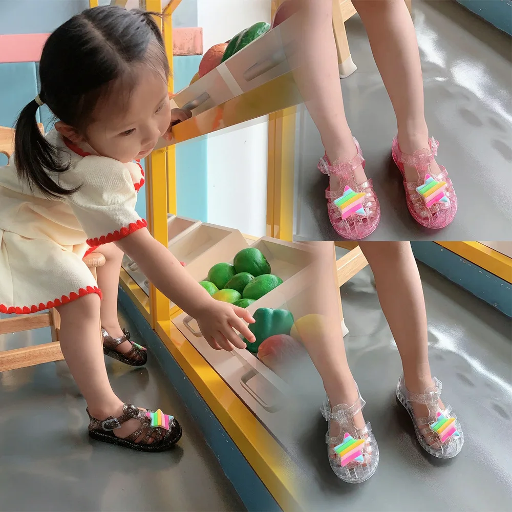 Summer Kids Cartoon Roman Jelly PVC Sandals Children Soft Soles Non-slip Beach Shoes Breathable Hollow Outdoor Casual Shoe Girls