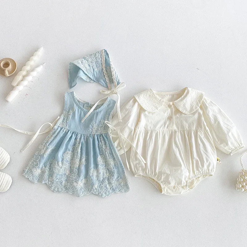 2025 New Autumn Newborn Baby Girls Bodysuits+Hat+Vest Long Sleeved Cotton Embroidery Infant Baby Jumpsuit 0-24M Baby Clothing