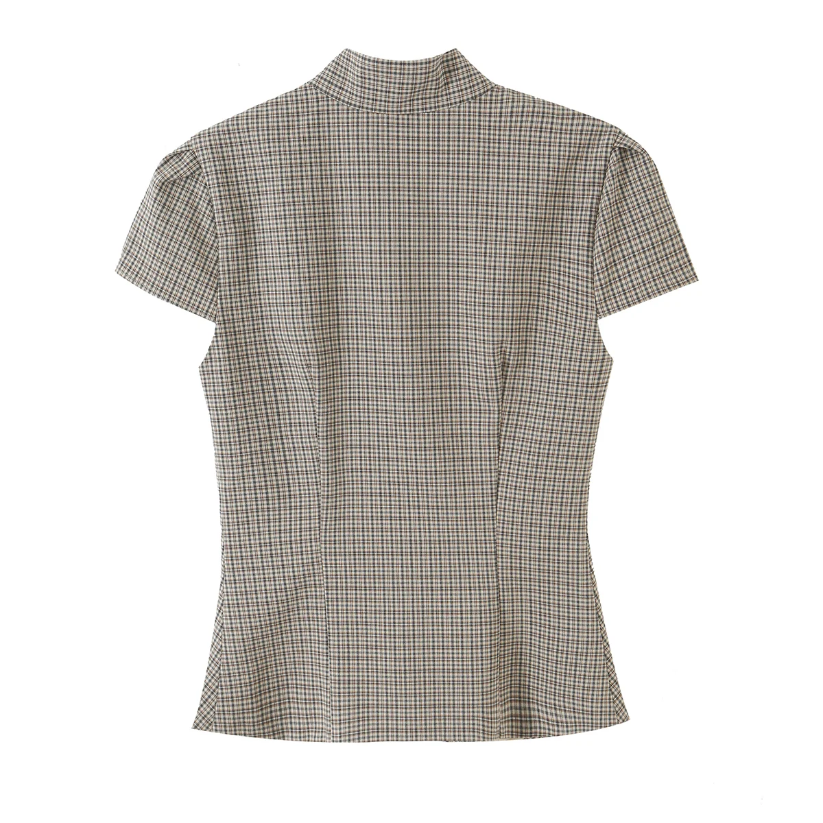 BSAY 2026 Neue Retro Preppy-Style Damen Bluse mit Stehkragen, Doppelreihig, Kurzarm, Schmal Geschnitten, Kariert und Gestreift, Arbeitsbluse – Detail 4