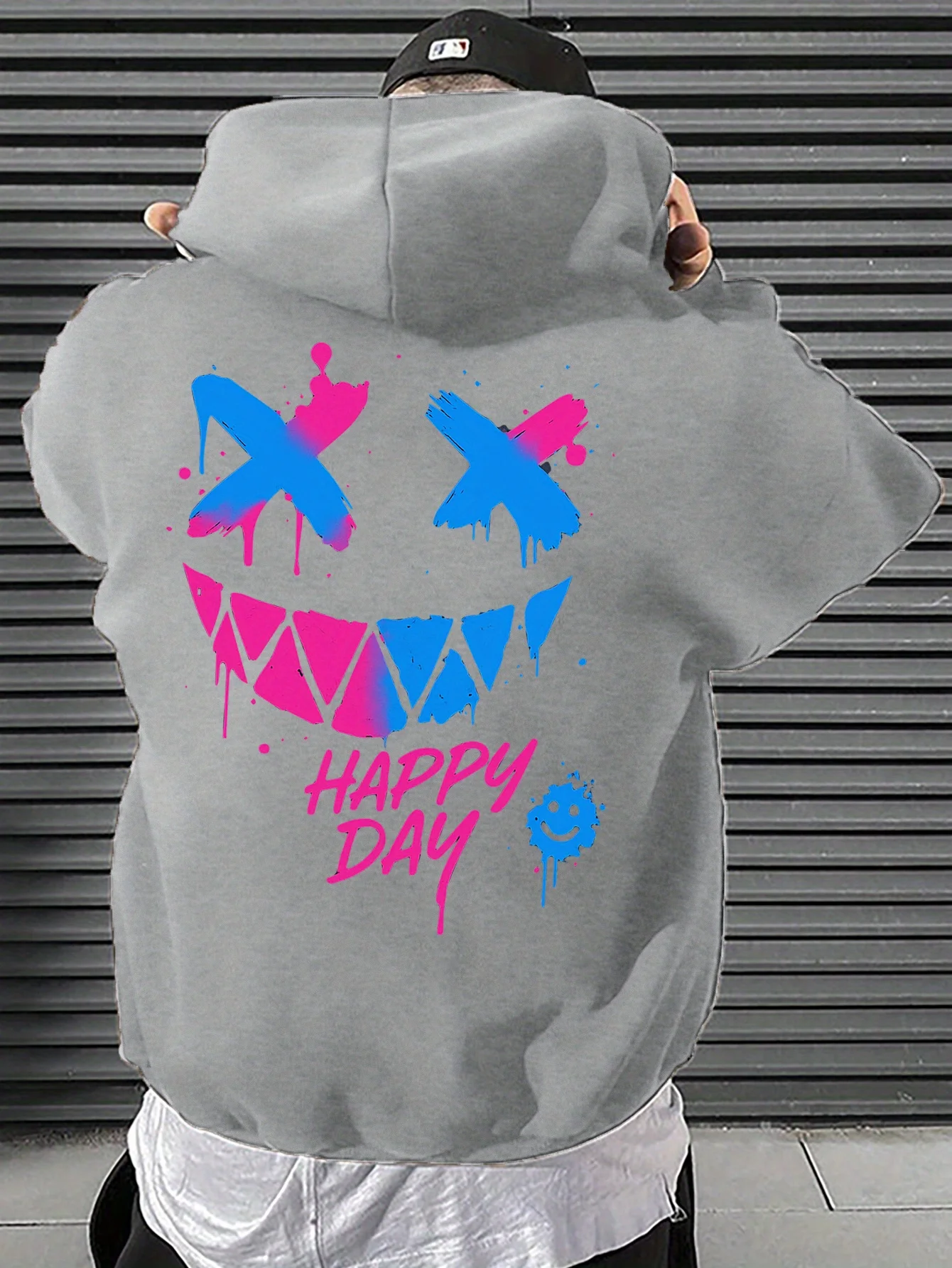Herren Y2K Hoodie mit Spritzer-Muster, bösem Lächeln, X-Augen, Happy Day-Grafik auf der Rückseite, Graffiti-Streetwear-Fleece-Sweatshirt – Detail 5