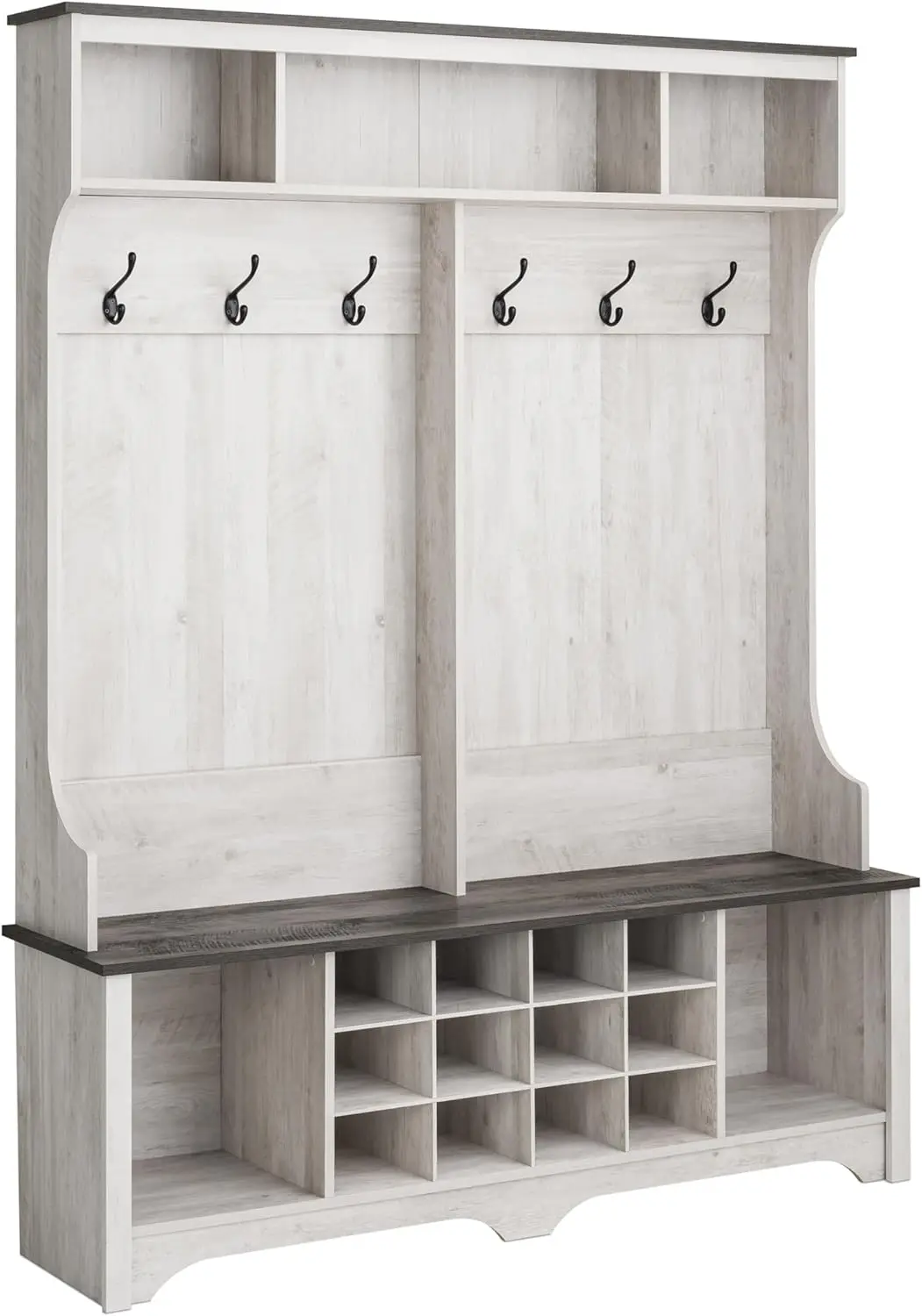 

Prepac Farmhouse Washed White Hall Tree, обувной шкаф, шкаф для хранения с 12 кубиками для обуви, 2 кубиками для ботинок и 6 двойными покрытиями Ho