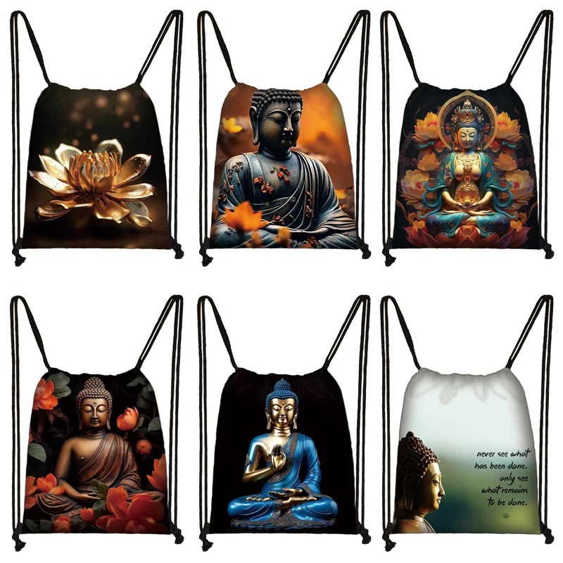 

Buddha Print Backpack Sakyamuni Buddhism Drawstring Bags The Medicine Buddha Day Bag Amitabha Book Bag Ksitigarbha Shoes Holder