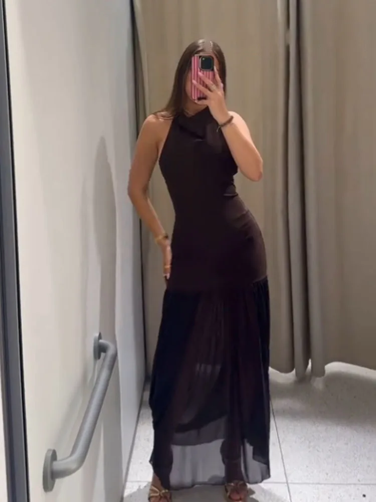 HH dames nieuwe mode zomer mouwloze jurk effen swingende kraag backless decoratie knop vrouwelijke sexy slanke lange jurk