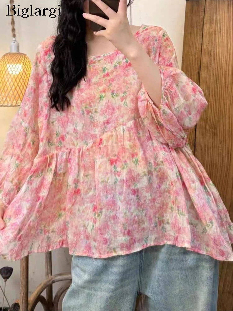 

Oversized Summer Pink T-Shirts Women Flower Floral Print Fashion Ladies Blouses Casual Loose Pleated Ruffle Woman T-Shirts