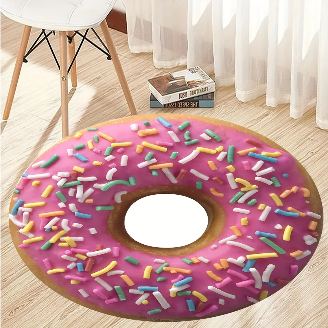 Donut Shaped Round Rug Flannel Pink Sprinkles Design Floor Mat for Kids Playroom Kitchen Decor Fun Sweet Home Accessory