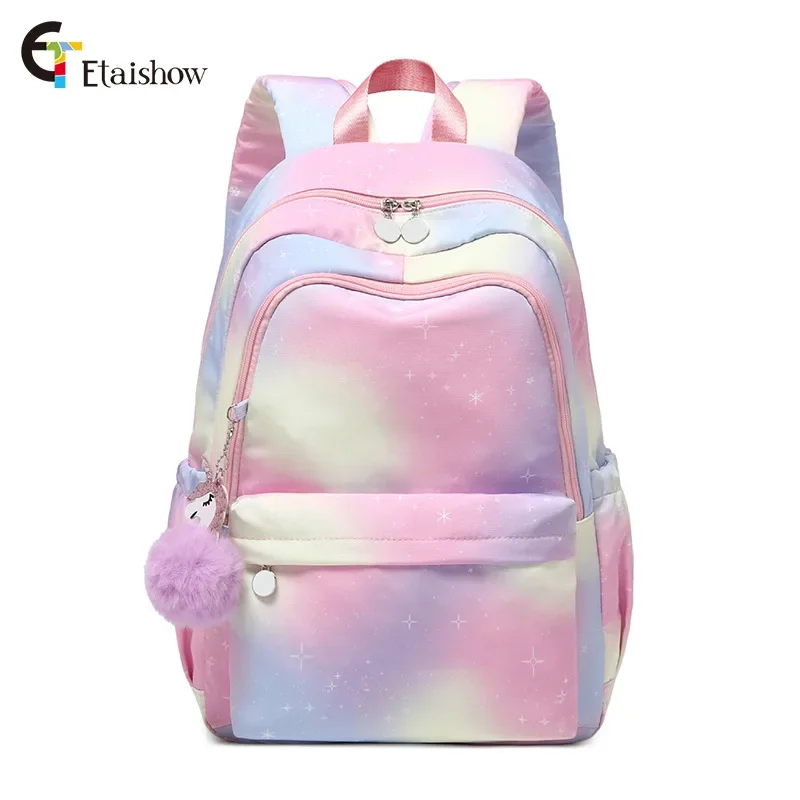 Gradual change color rainbow print backpack student bag lightweight waterproof large capacity backpack