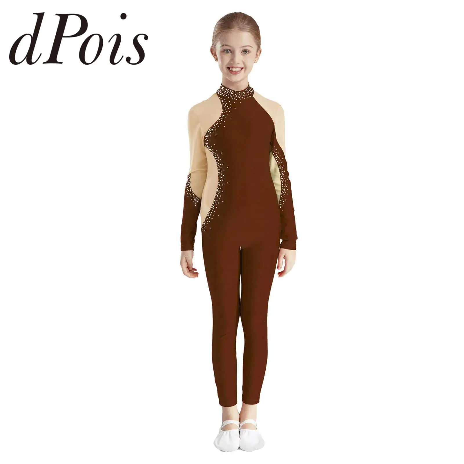 Kids Girls Ballet Leotard Rhythmic Gymnastics Jumpsuit Children Figure Skating Dance Costume Teens Sheer Mesh Patchwork Bodysuit