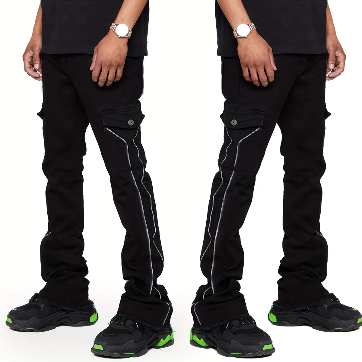 

Men Washed Jeans Cargo Straight Pants High Waist Stretch Skinny Denims Pockets Zipper Fly Ankle Length Trousers Streetwear