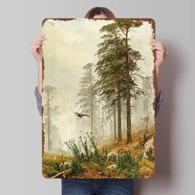 Eagle Soaring in a Misty Pine Forest Printing Poster Customized Retro Wall Art Vintage Metal Signs for Mancave Decoration Garage