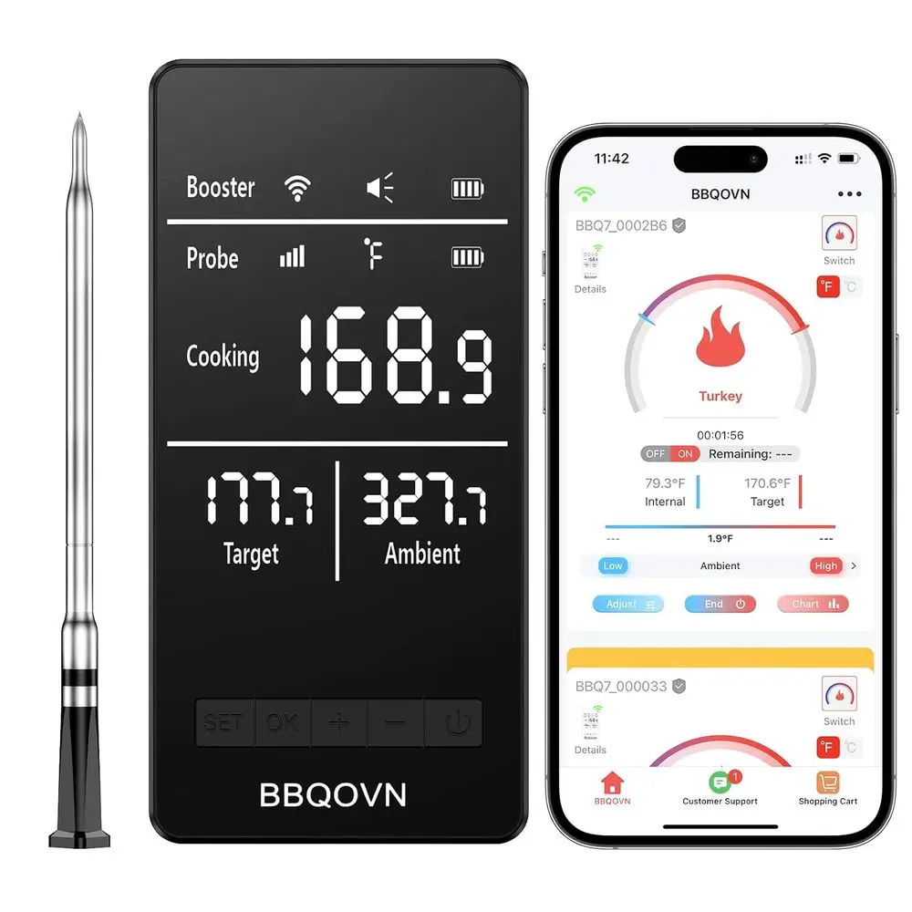 

Wireless Meat Thermometer Range 7 NIST Cert. SensAccuracy ±0.5° Sub-1G APP & Digital Base, Monitor or BBQ, Grill, Oven, Smoker (