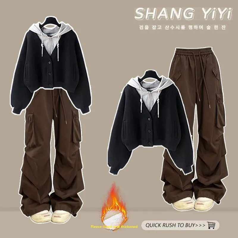 

Winter Thickened Fleece Lined Loose Sweatshirt And Pants Set Versatile Retro American Workwear Style Two Piece Suit for Women