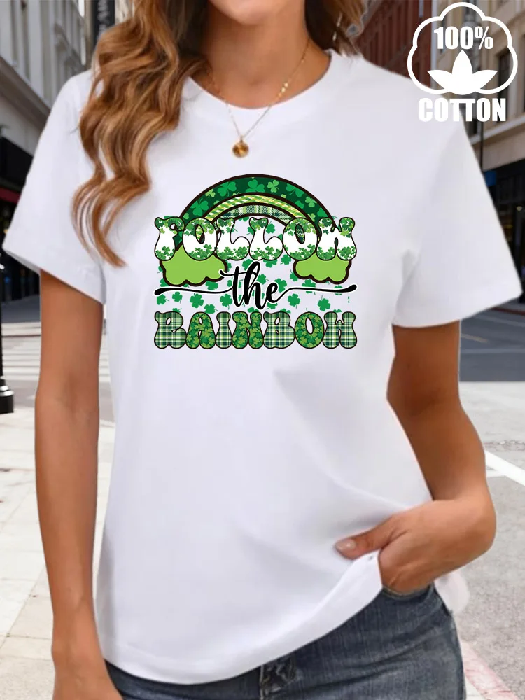 

Follow the Rainbow Women's Graphic T-Shirt 180g Cotton Crew Neck Short Sleeve Tee Casual Summer Daily Wear