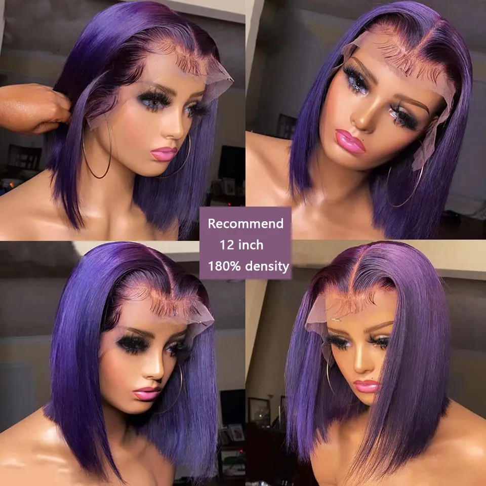 Perucas de cabelo humano frente com renda para mulheres, peruca curta Bob, roxo escuro 180%, peruca frontal de renda 13x4, colorida, reta