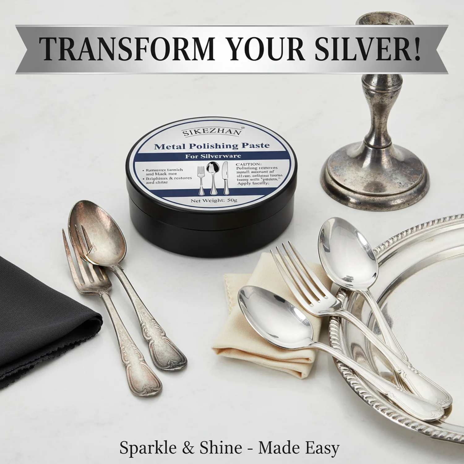Silver Polish Paste - Tarnish Remover for Sterling & Silver-Plated Cutlery, Trays & Candlesticks - Non-Scratch, High-Gloss Sheen