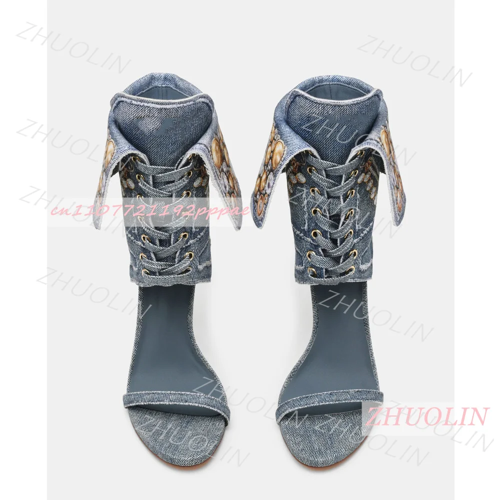 Women Blue Denim Rhinestone Sandals Lace Up Ankle Cuff Stiletto High Heels Open Toe Party Shoes Fashion Footwear EU Sizes Trendy view 3