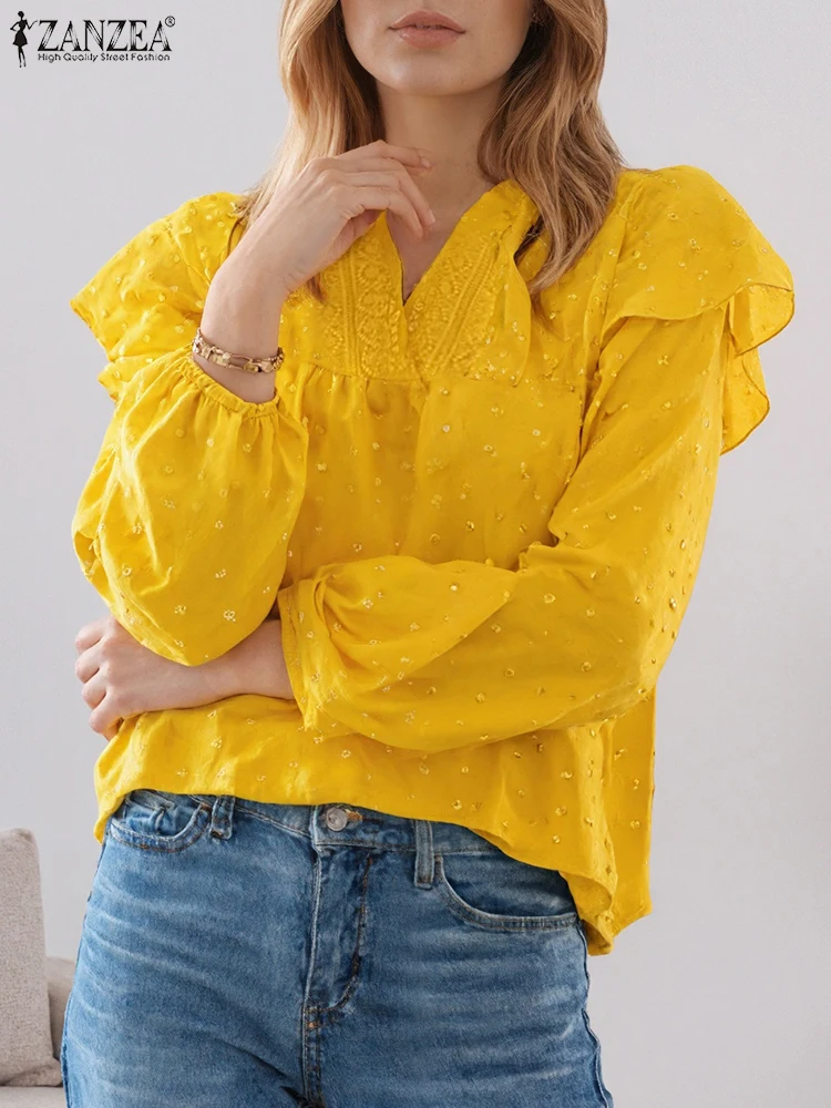 

ZANZEA Vintage Women Fashion Blouse 2025 Autumn Long Puff Sleeve Tops Casual Loose Office Ruffled Tunics Holiday Tops OL Blusas