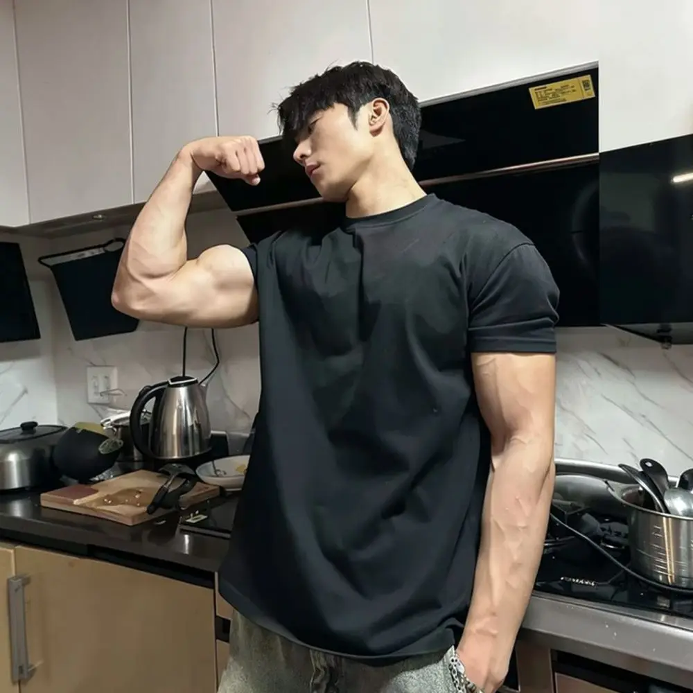 Short Sleeve Mens T Shirt Shoulder Pad Design Muscle Fit Heavyweight Cotton Tee Summer Casual Gym Training Apparel
