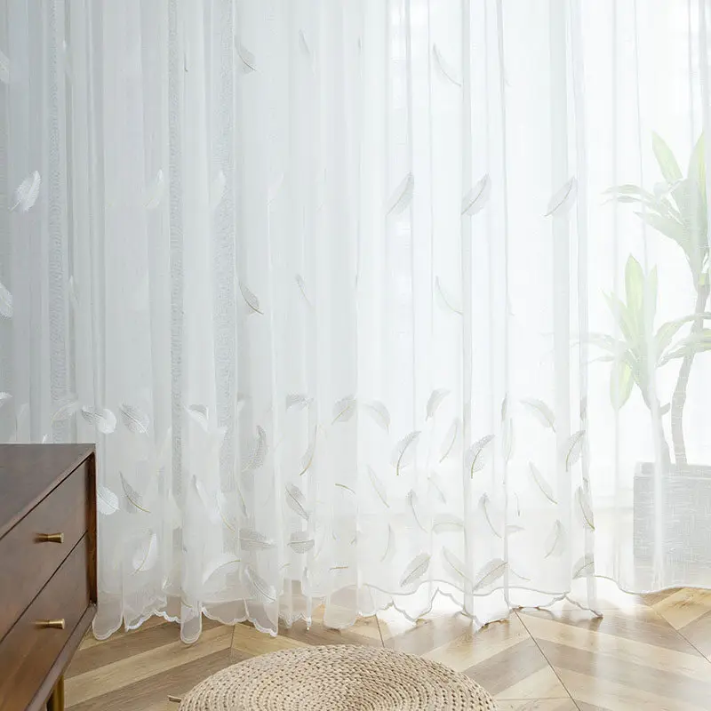 White Feather Embroidered Tulle Curtain for Living Room, Bedroom Sheer Window Drapes, Voile Farmhouse Curtain