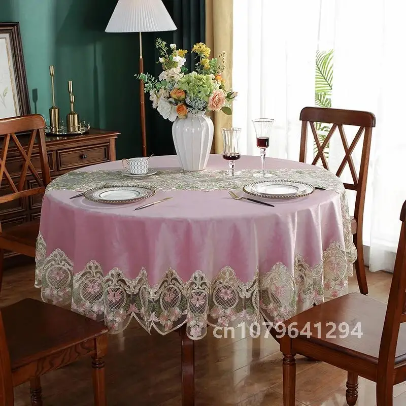 Round Table cloth Pink Golden Velvet Table Cover Dining TableCloth Home Embroidery Lace TableCloths Soft House Towel Dust Cover