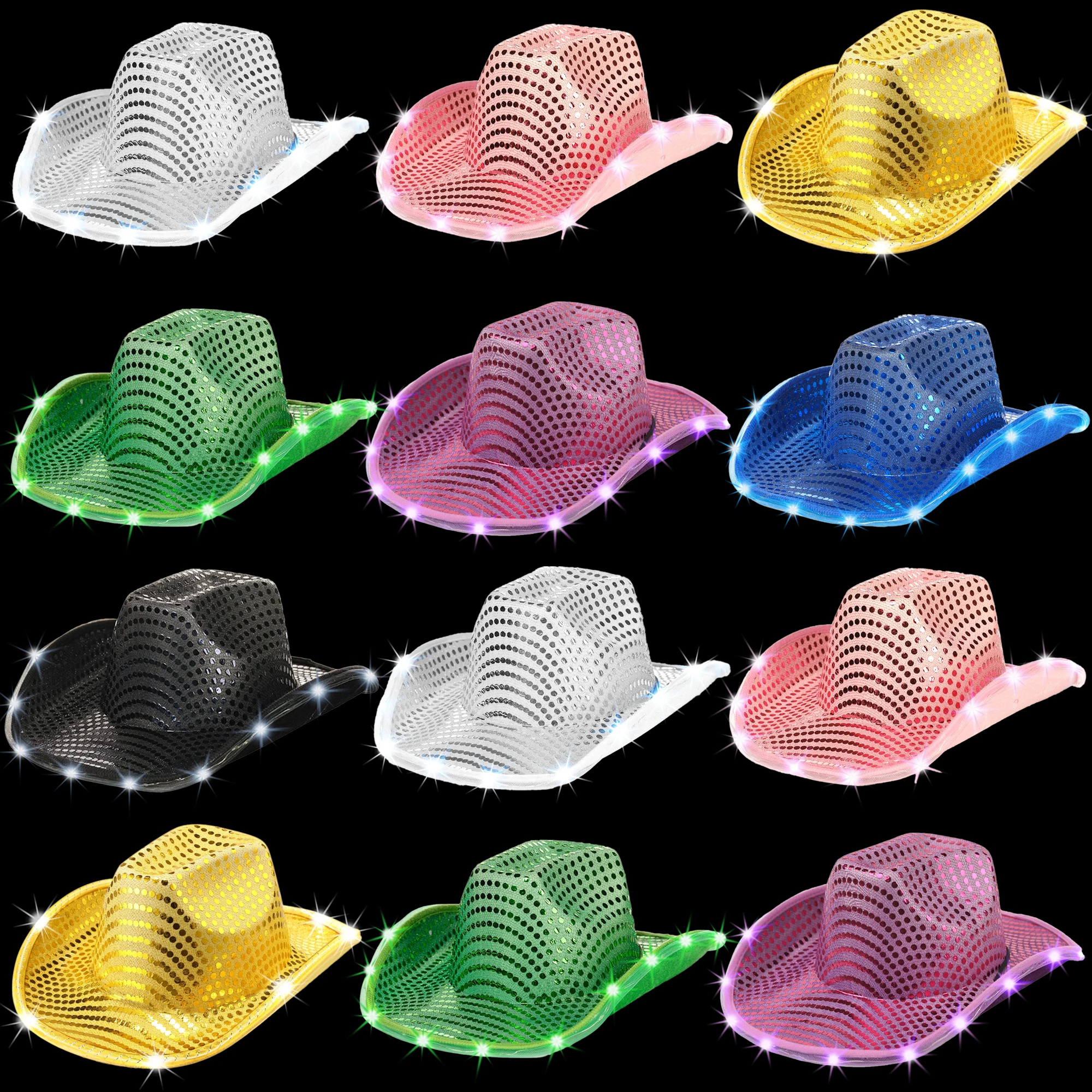 6-20Pcs Light Up Cowboy Hats for Wedding Sequins LED Cowboy Hats for Women Flashing Cowboy Hat Bulk Bachelorette Party Favors image 3