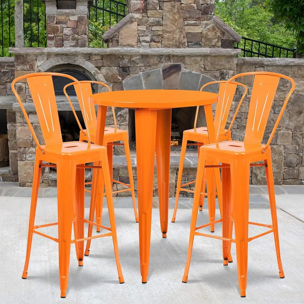 

Callum Commercial Grade 30" Round Orange Metal Indoor-Outdoor Bar Table Set with 4 Cae Stools
