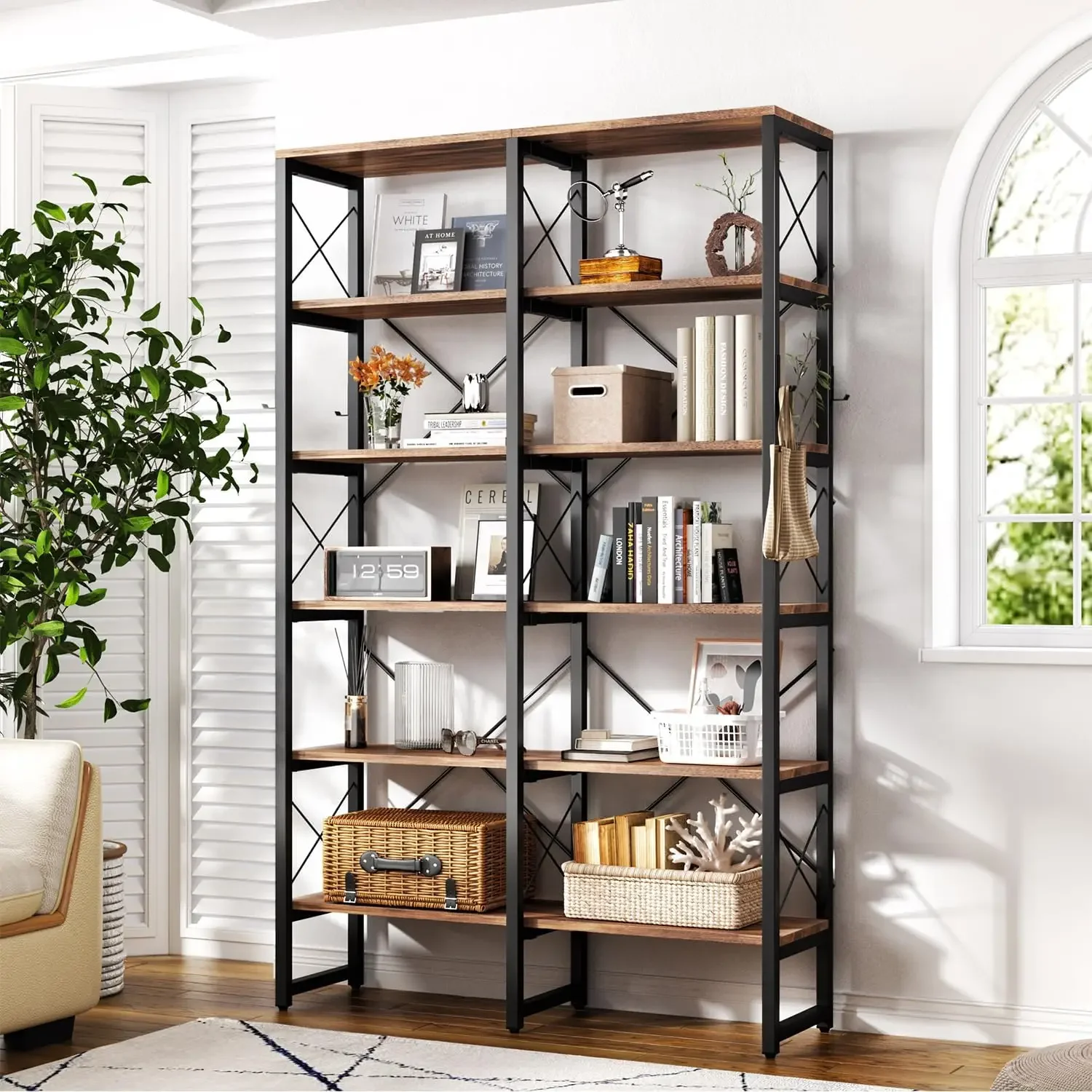 Estante Industrial Double Wide 5-Tier com Moldura de Metal, Estante de Livros Aberta Grande, Madeira e Prateleiras Altas