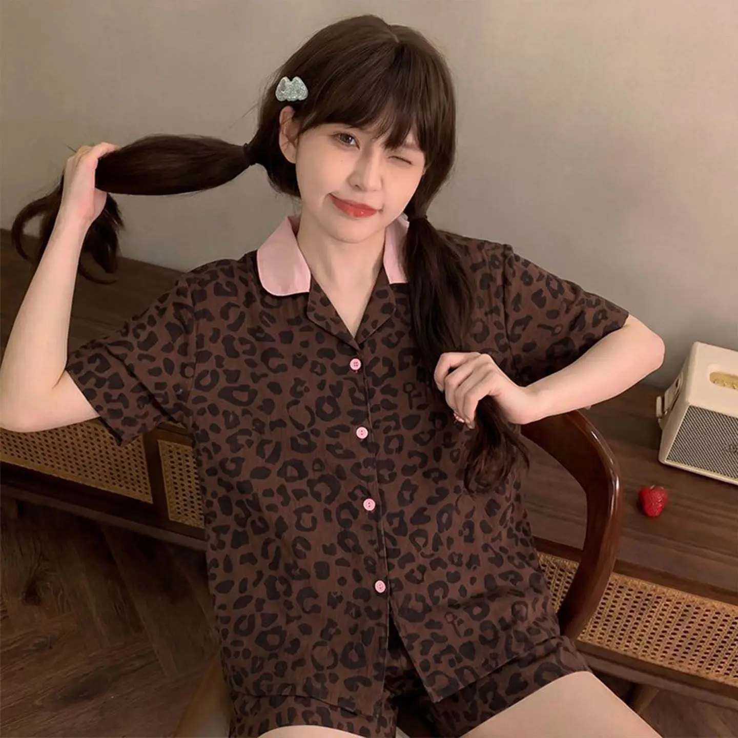 Cute Hello Kitty Women's Leopard Print Pajamas Set Summer Sleepwear Loungewear Short Sleeve Shorts Button Down Soft Kawaii Cozy view 2