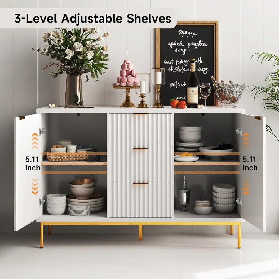 خزانة بوفيه جانبية مخددة حديثة 47 طاولة بوفيه مع مساحة تخزين مع بابين و3 أدراج ورف قابل للتعديل لبار القهوة كابي #5