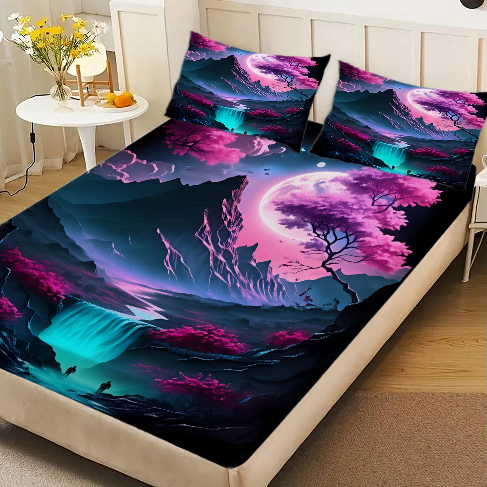 3pcs Fitted Sheet Set Japanese Garden Night Scene 3D Printed Cherry Blossom Waterfall Bed Sheet With Pillowcases For Bedroom