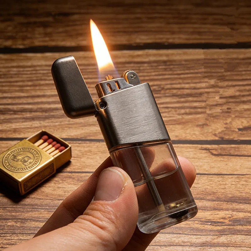 

New Dye Retro Fashion Visible Fuel Tank Metal Grinding Wheel Classic Open Flame Lighter Fashion Men's Gift Cigarette Accessories