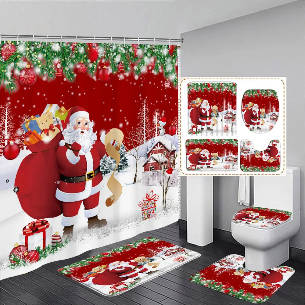 1 Or 4PCS Christmas Snowman Shower Curtains Red Bird Berry Rabbit Snowflake New Year Home Bathroom Curtain Decor With Hooks