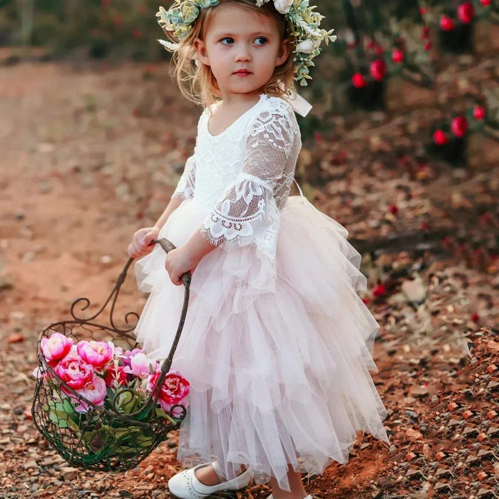 Tiered Tulle Flower Girl Dresses Lace Appliques Flare Sleeve Aniversário Simples A linha Chá de comprimento Primeira Comunhão Vestido Partido Rite